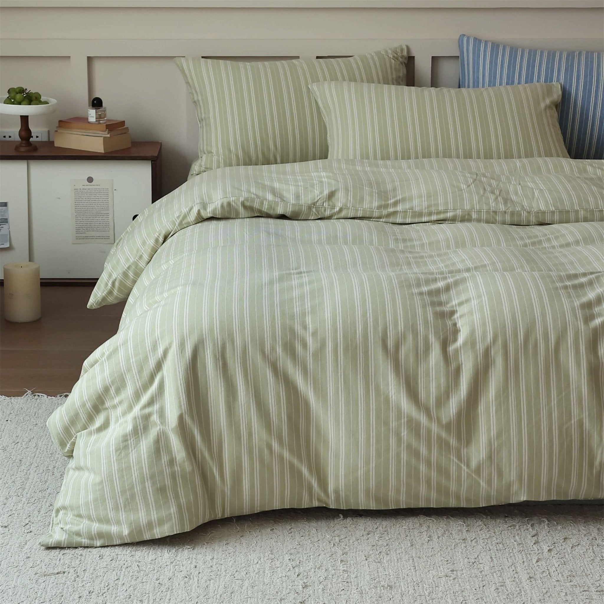 Denby Striped Jersey Cotton Bedding Set - Sage Green