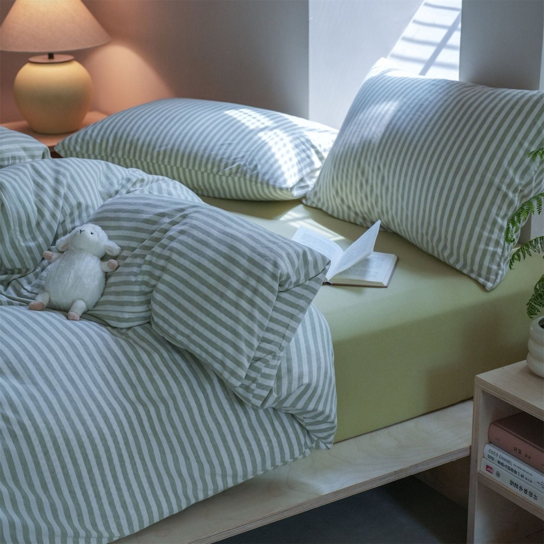Larkden Striped Jersey Knit Cotton Bedding Set - Sage Green Stripe