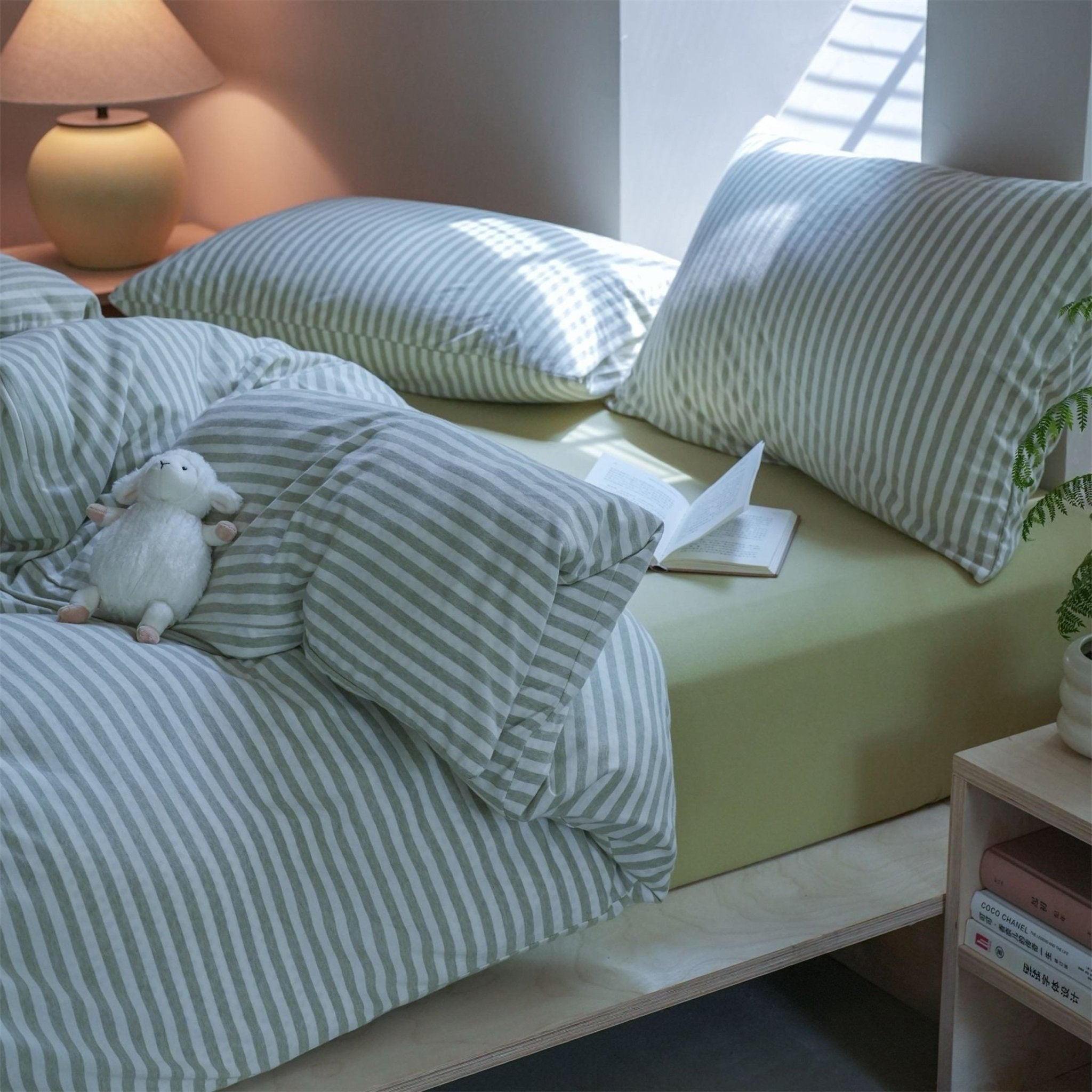 Larkden Striped Jersey Knit Cotton Bedding Set - Sage Green Stripe