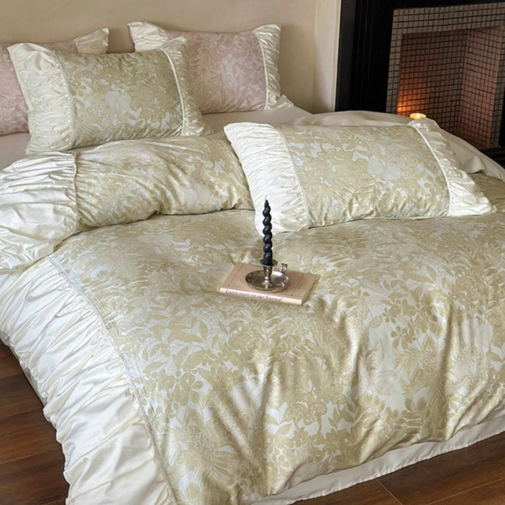 Champagne Jacquard floral ruffle bedding set view 3 - Roomden
