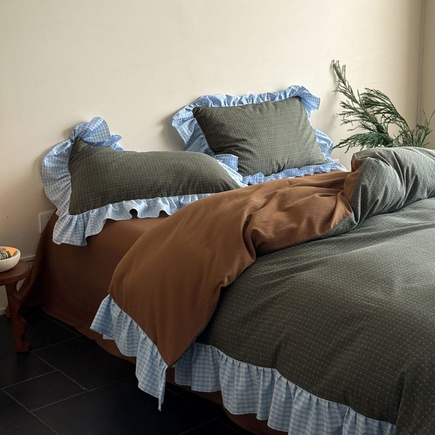 Harwick Gingham Ruffle Cotton Bedding Set - Moss & Copper