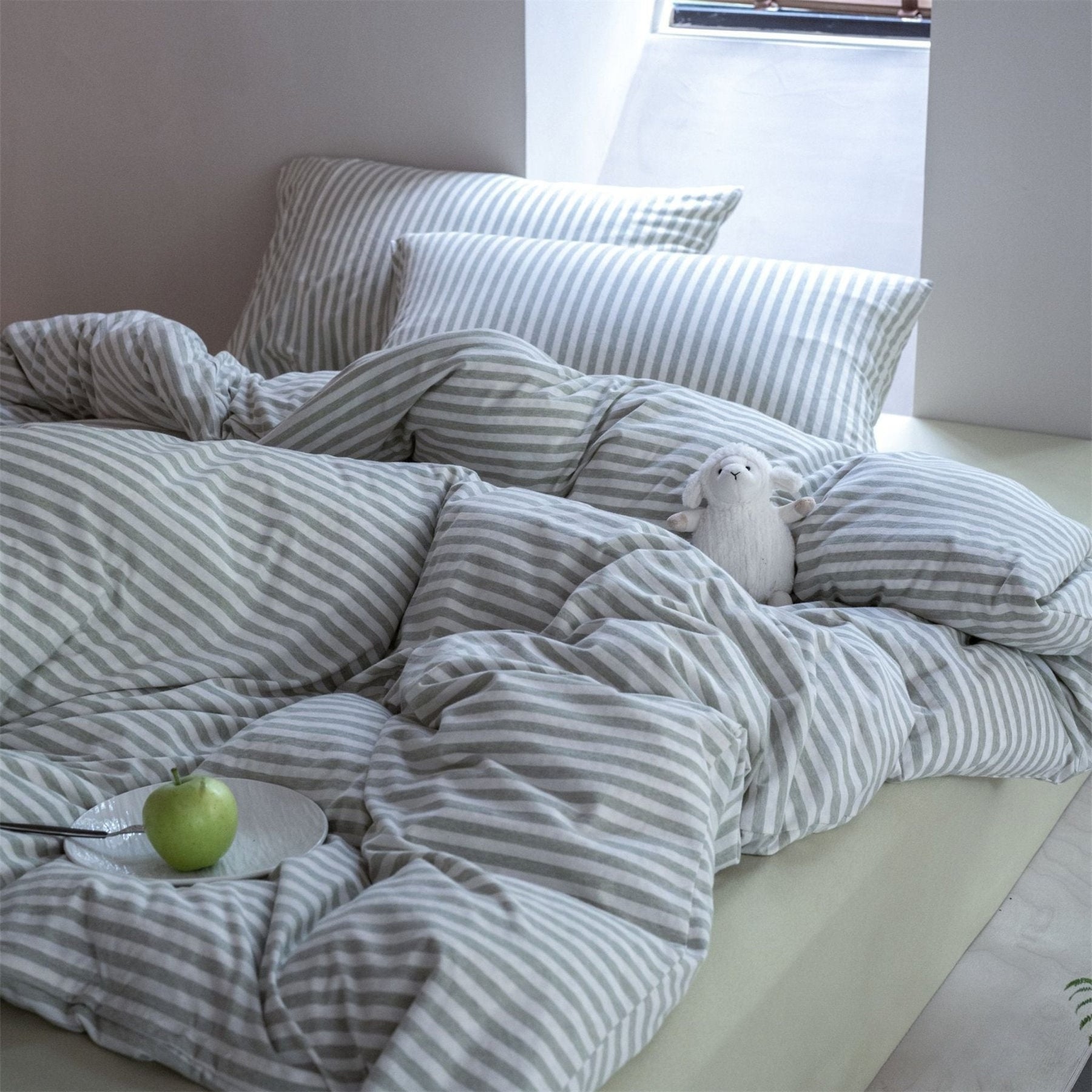Larkden Striped Jersey Knit Cotton Bedding Set - Sage Green Stripe