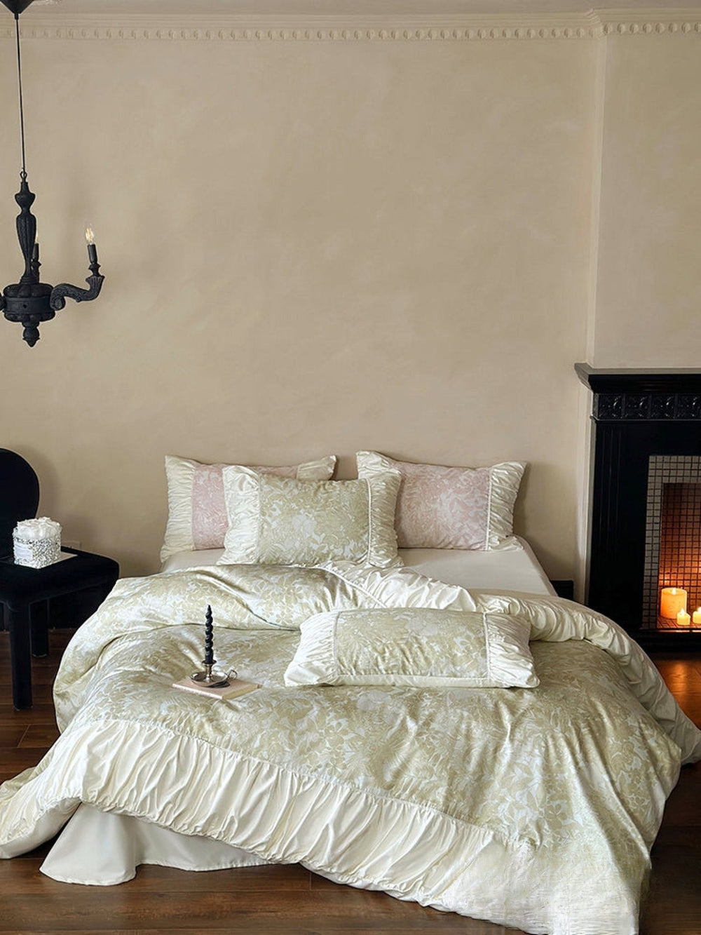 Champagne Jacquard floral ruffle bedding set view 1 - Roomden