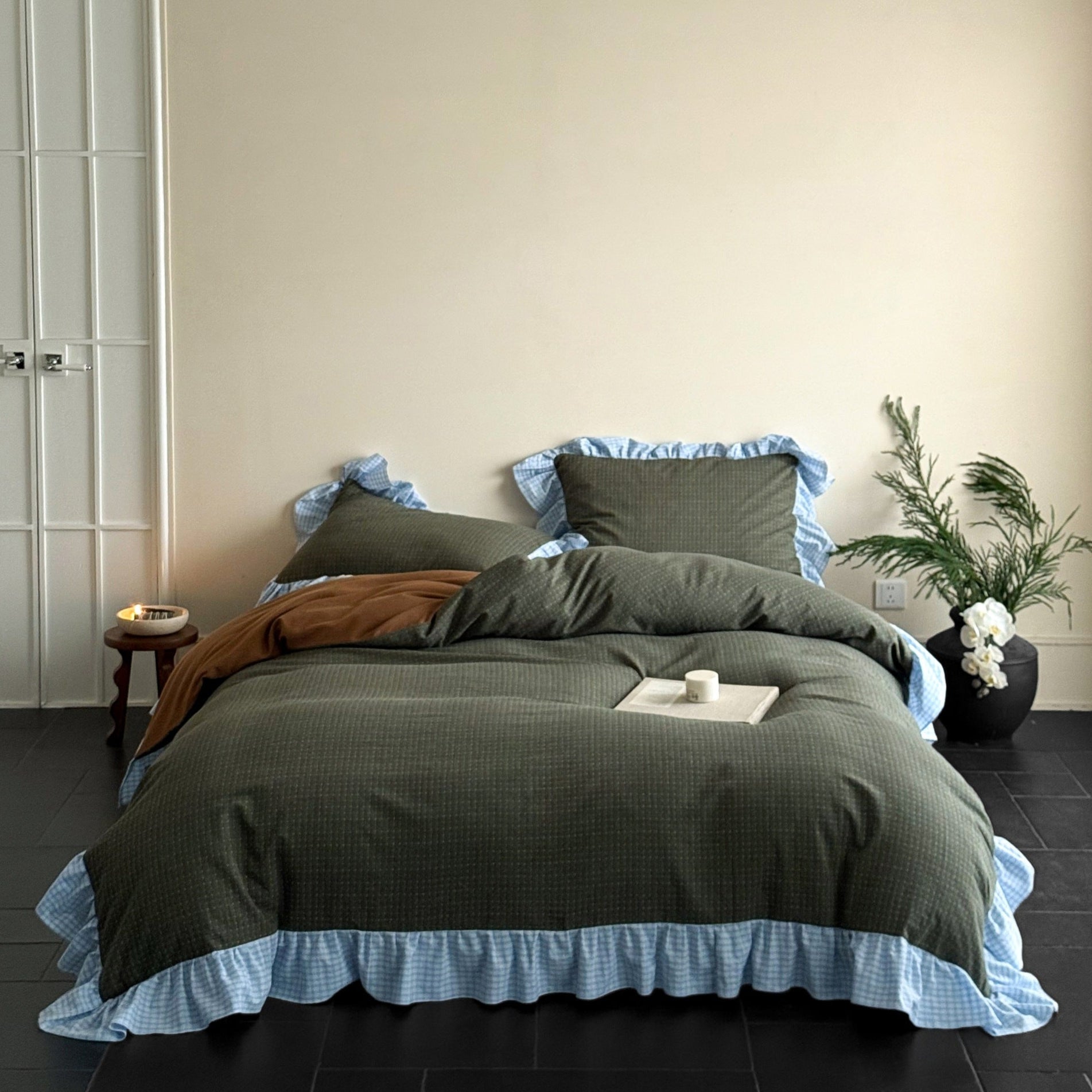 Harwick Gingham Ruffle Cotton Bedding Set - Moss & Copper
