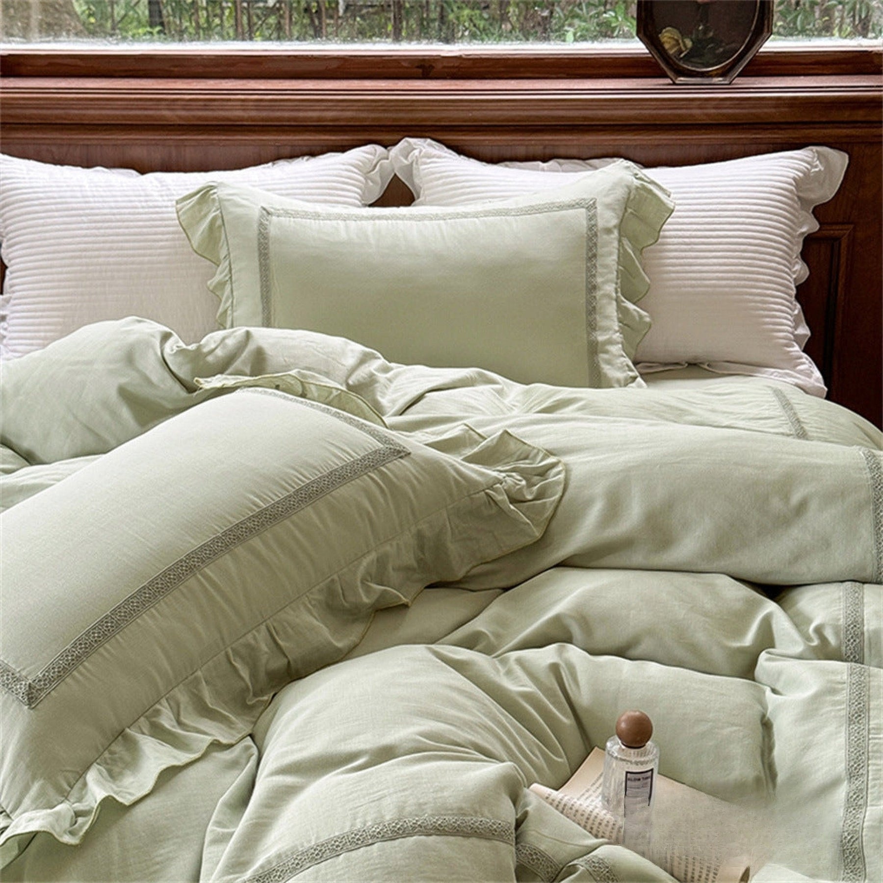 Petrina Ruffle Double Gauze Bedding Set - Sage Green
