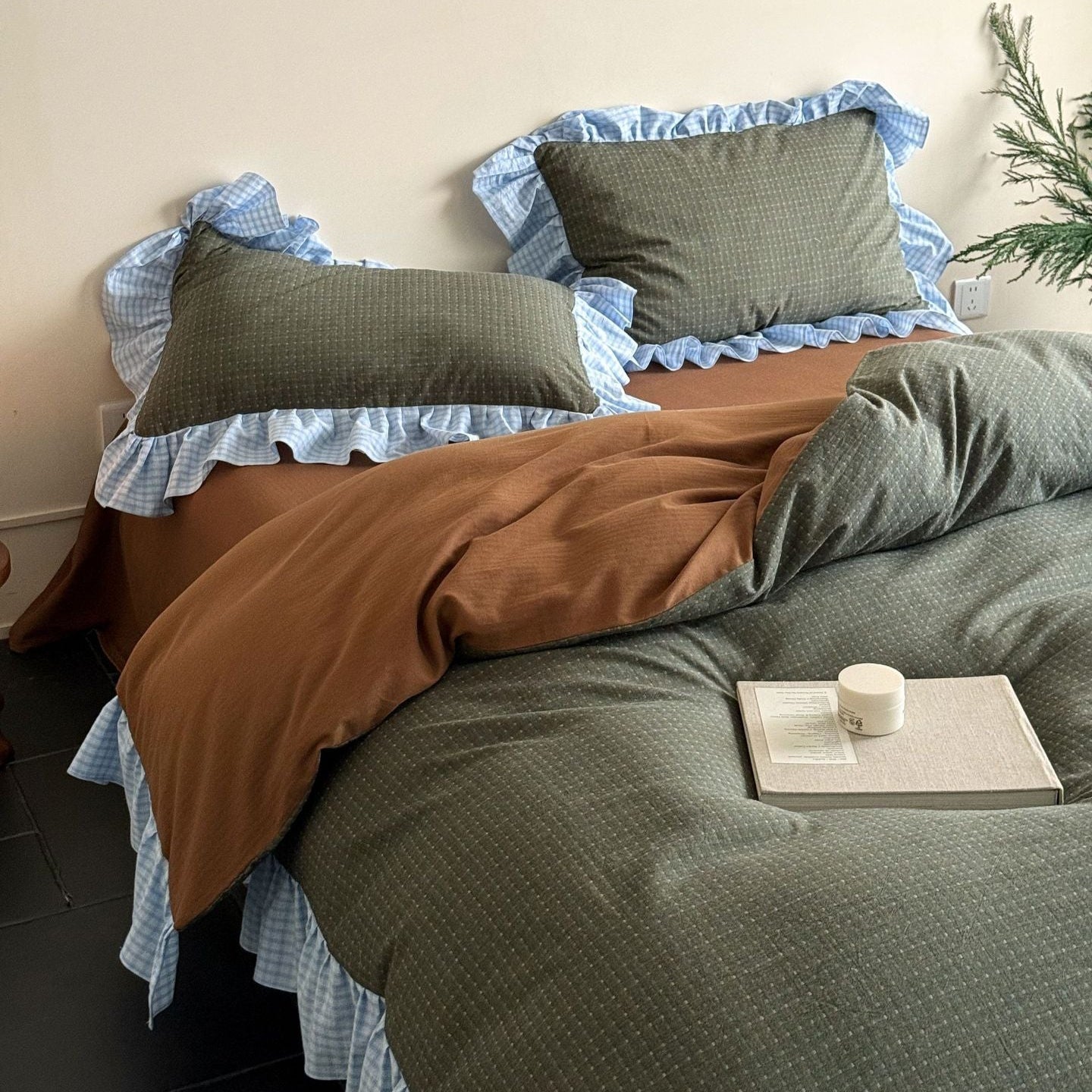 Harwick Gingham Ruffle Cotton Bedding Set - Moss & Copper