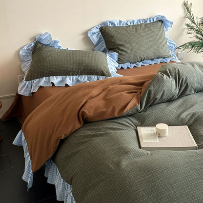 Harwick Gingham Ruffle Cotton Bedding Set - Moss & Copper