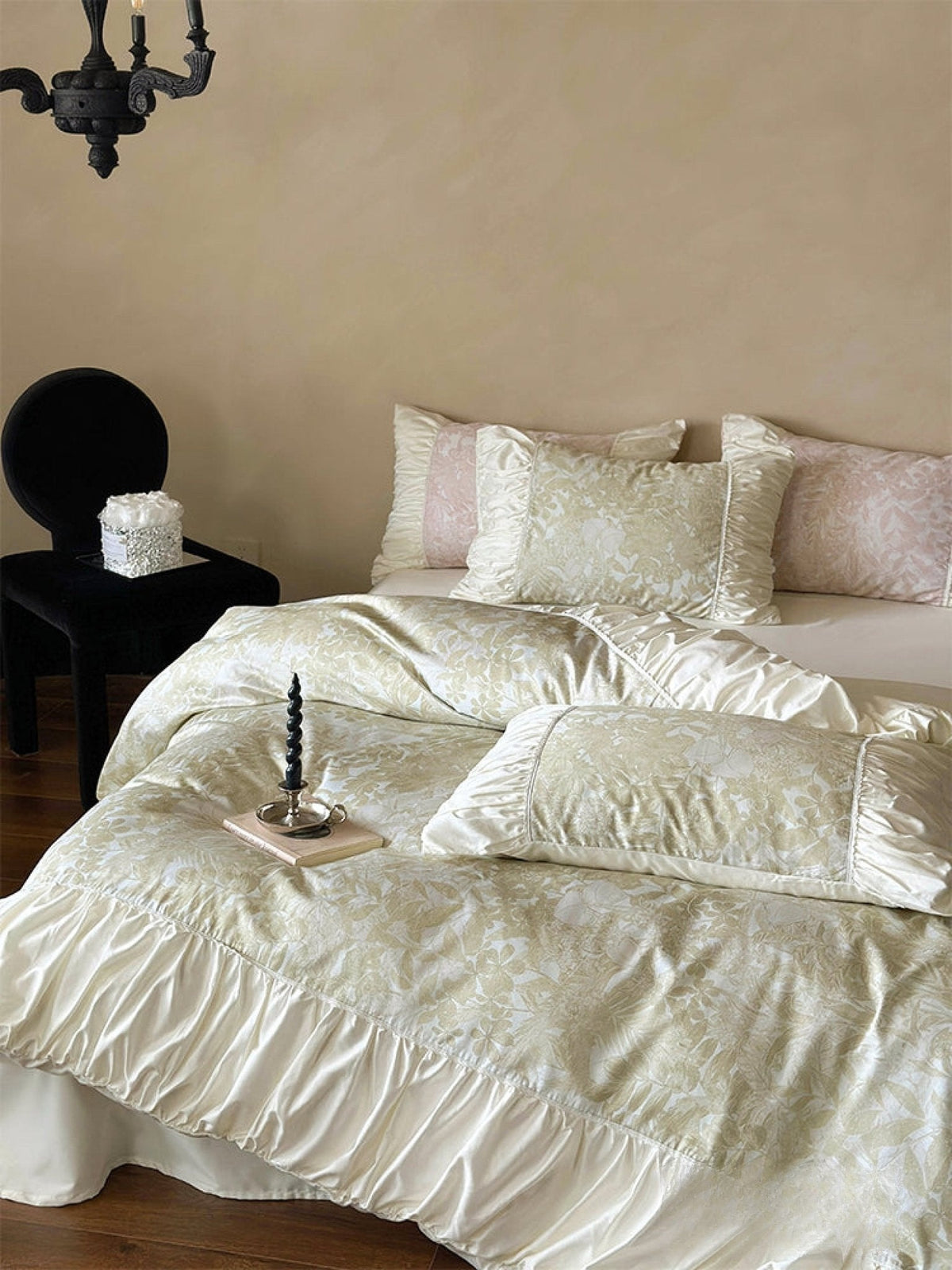 Champagne Jacquard floral ruffle bedding set view 2 - Roomden