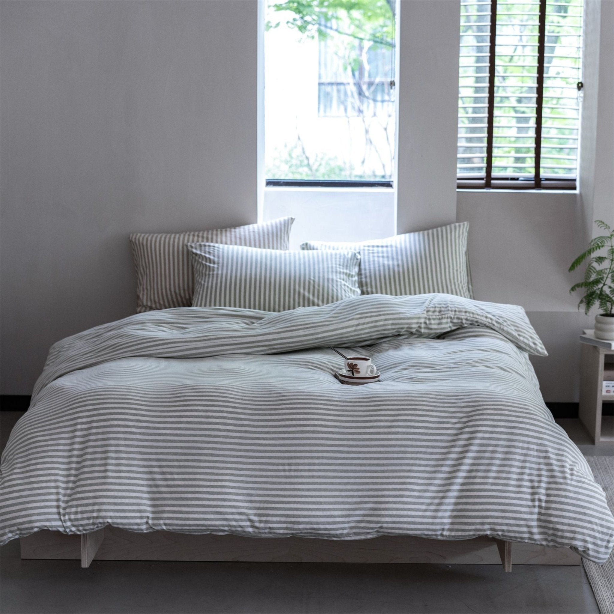 Larkden Striped Jersey Knit Cotton Bedding Set - Sage Green Stripe