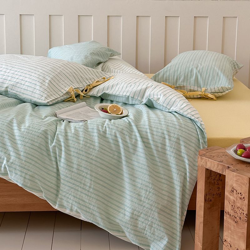 Washed Cotton Bow-Tie Pinstripe Bedding Set - Green