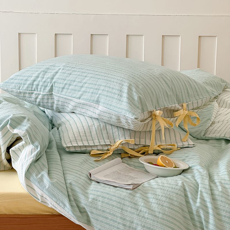 Washed Cotton Bow-Tie Pinstripe Bedding Set - Green
