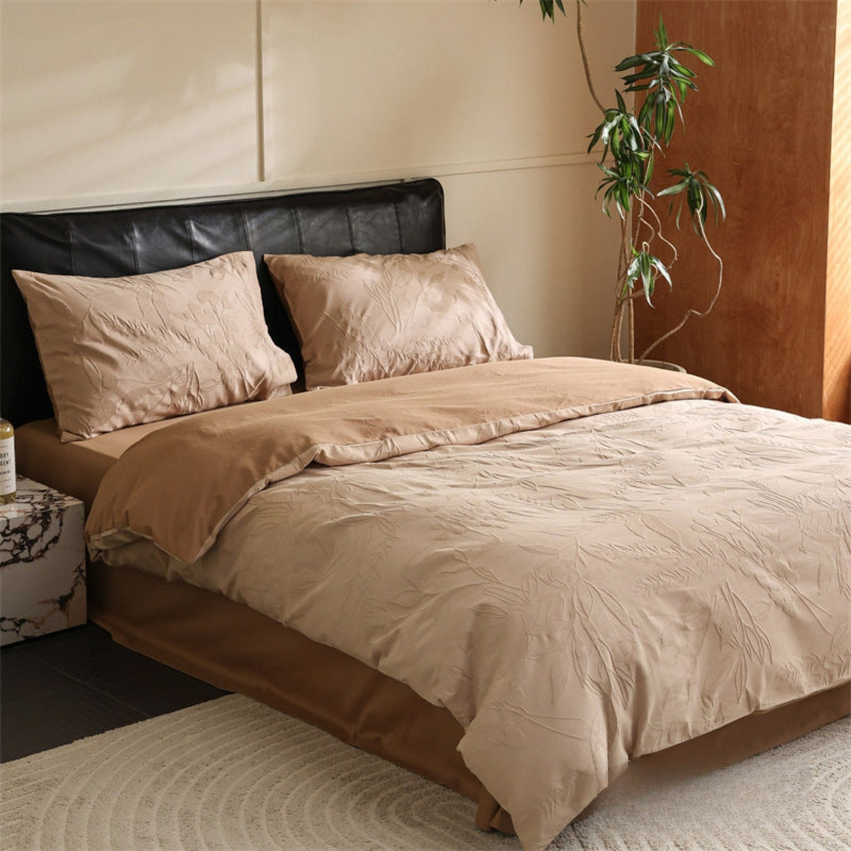 Brushed cotton jacquard bedding set – Apricot Orchid, alternate view of the duvet and pillows - Roomden