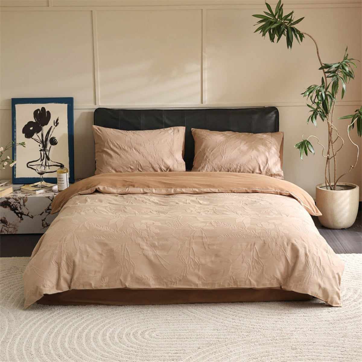 Brushed cotton jacquard bedding set – Apricot Orchid, full bed arrangement - Roomden