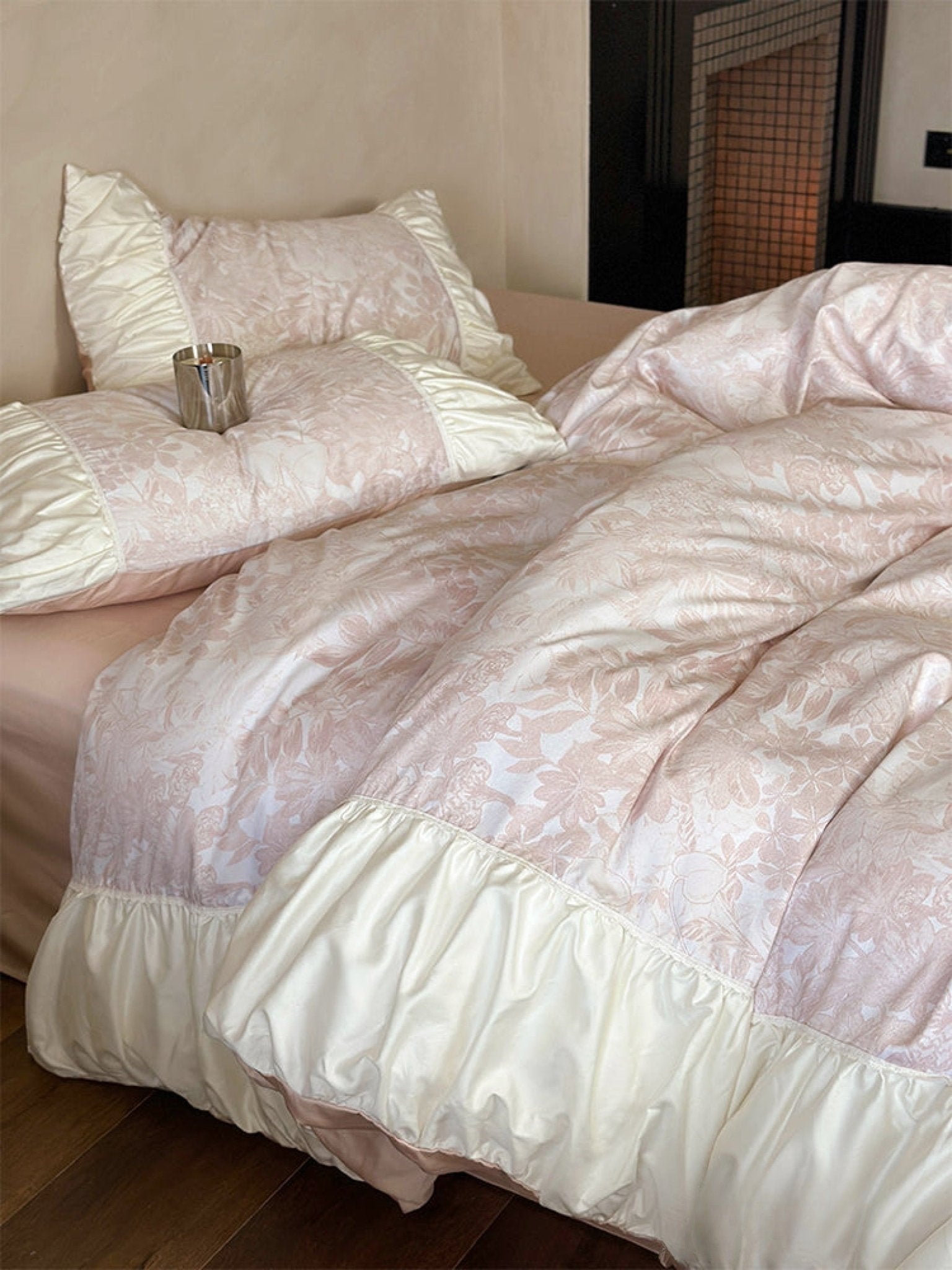 Champagne Jacquard floral ruffle bedding set view 16 - Roomden