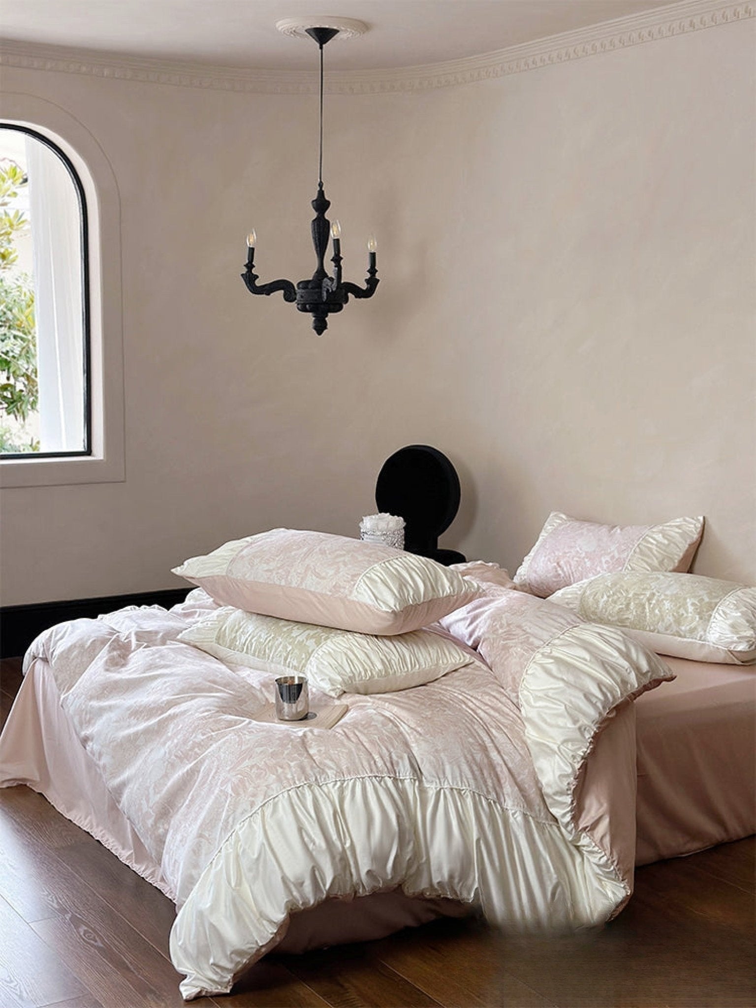 Champagne Jacquard floral ruffle bedding set view 17 - Roomden