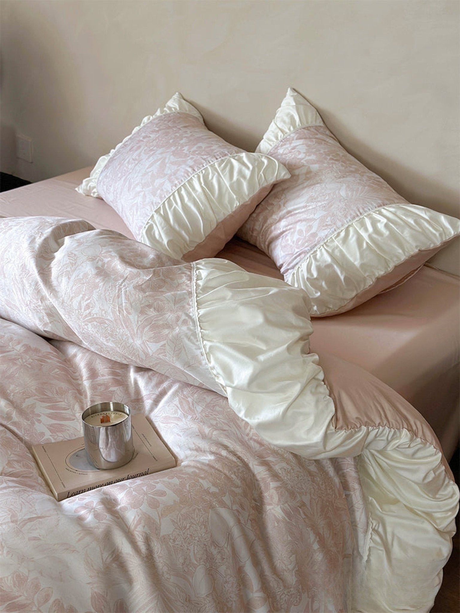 Champagne Jacquard floral ruffle bedding set view 18 - Roomden