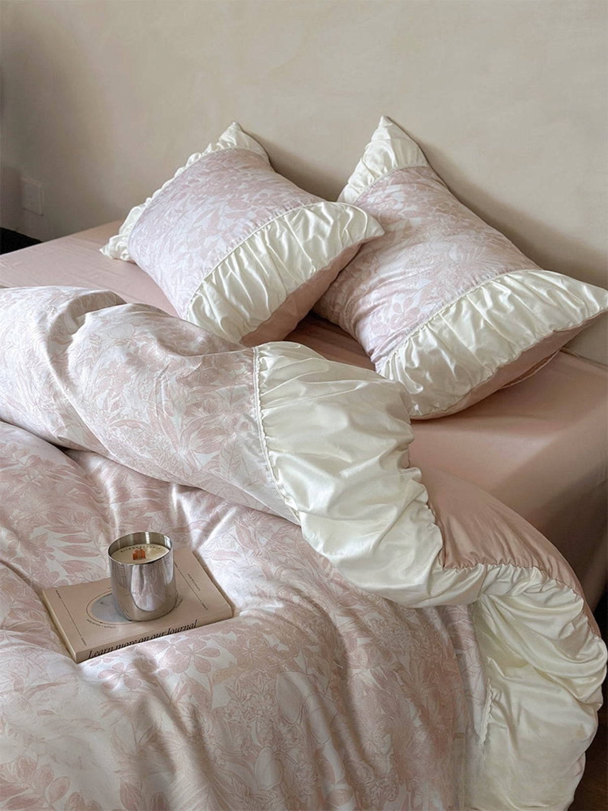 Champagne Jacquard floral ruffle bedding set view 18 - Roomden