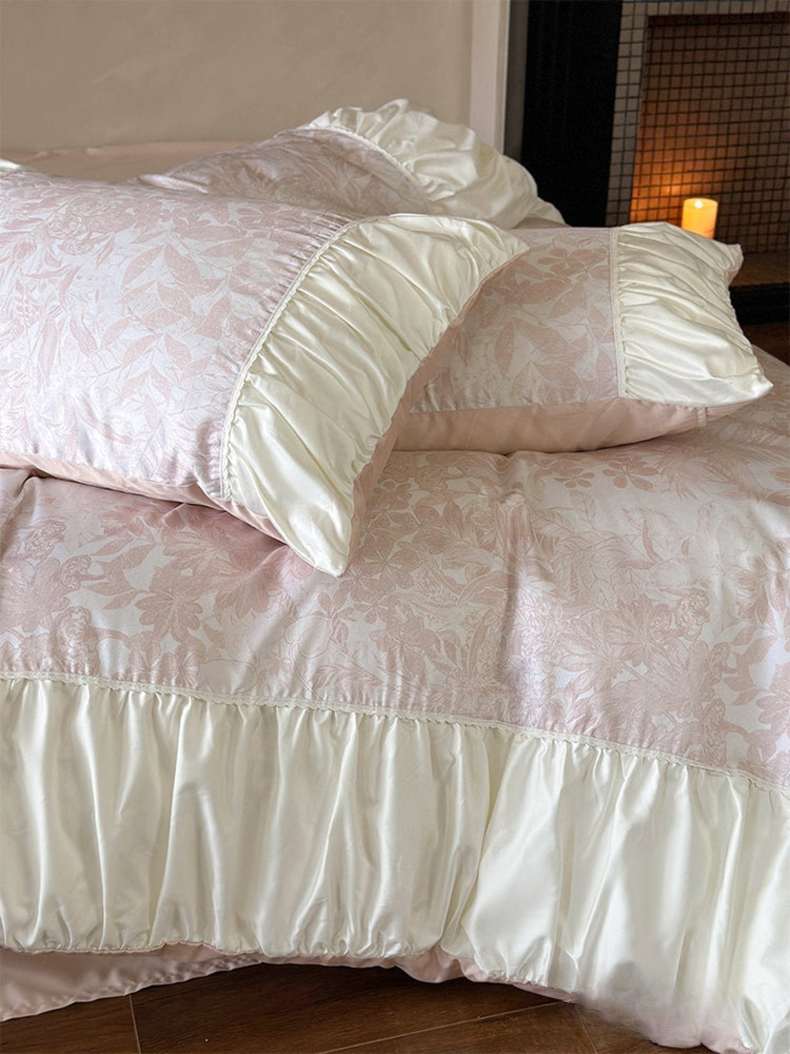Champagne Jacquard floral ruffle bedding set view 19 - Roomden