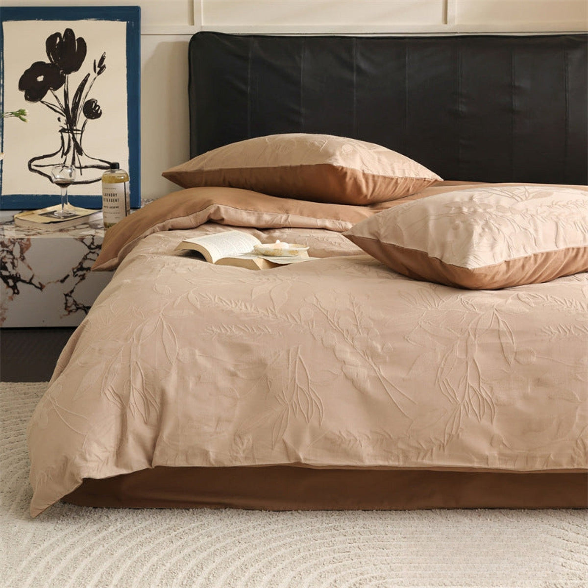 Brushed cotton jacquard bedding set – Apricot Orchid, close view of jacquard fabric and pillows - Roomden