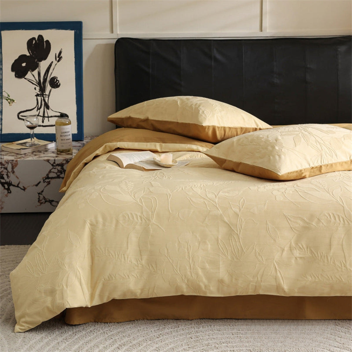 Brushed cotton jacquard bedding set – Butter Yellow Leaf, alternate view of the duvet and pillows - Roomden