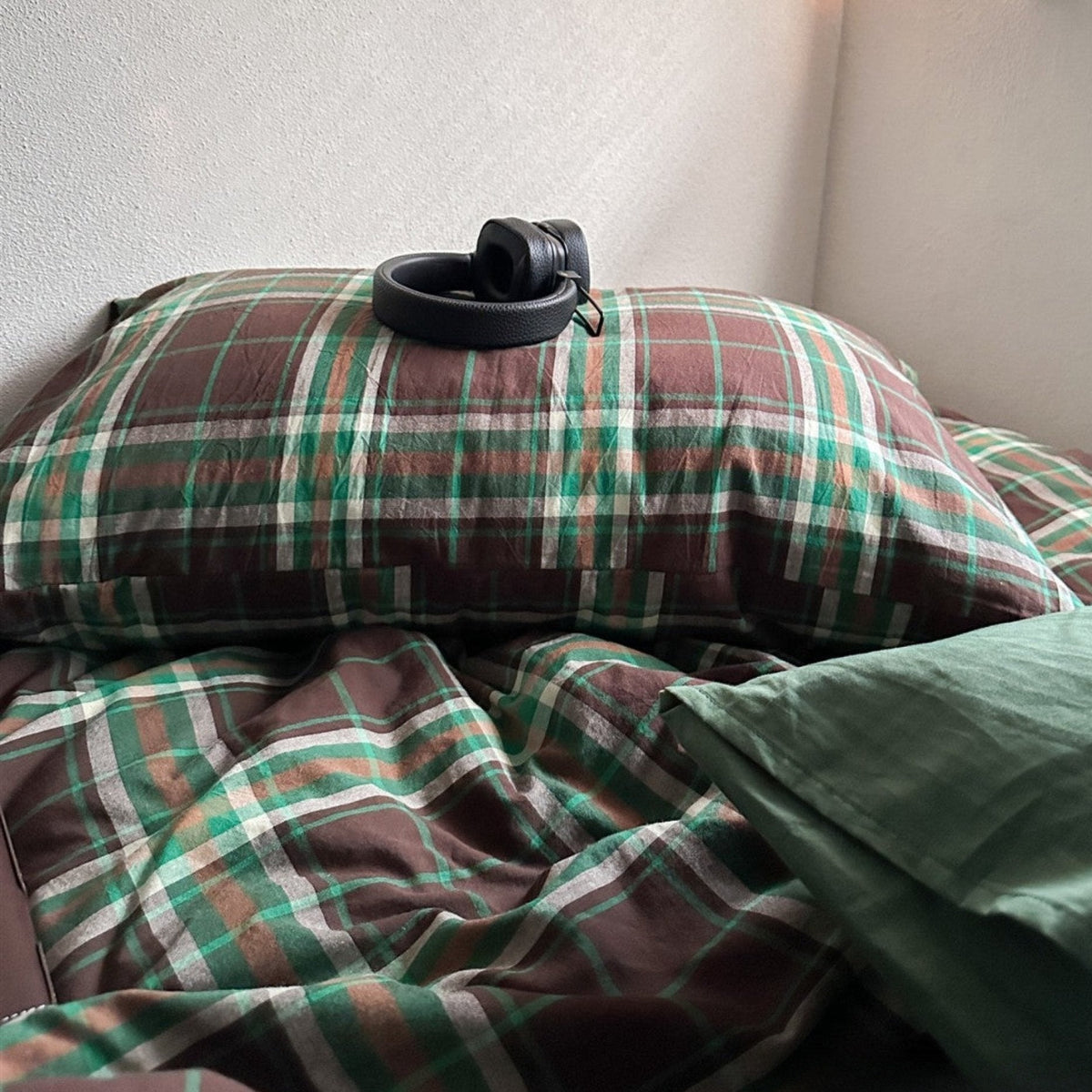 Kirkwood Plaid Cotton Bedding Set – close view of green and brown plaid fabric - Roomden