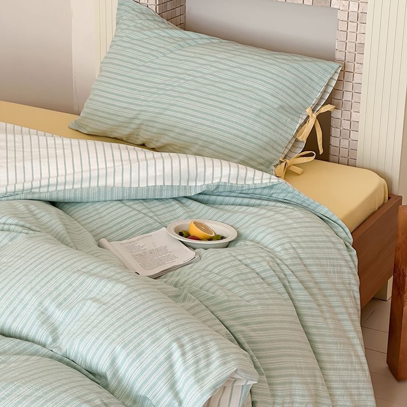 Washed Cotton Bow-Tie Pinstripe Bedding Set - Green