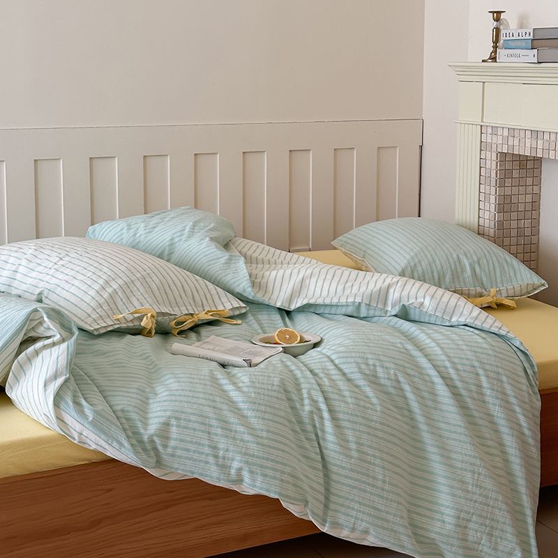 Washed Cotton Bow-Tie Pinstripe Bedding Set - Green