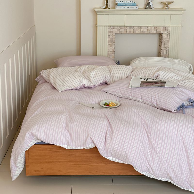 Washed Cotton Bow-Tie Pinstripe Bedding Set - Purple
