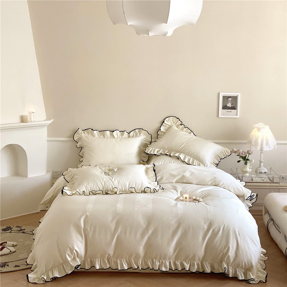 Chantelle Ruffle Jacquard Satin Bedding Set - Ivory Damask