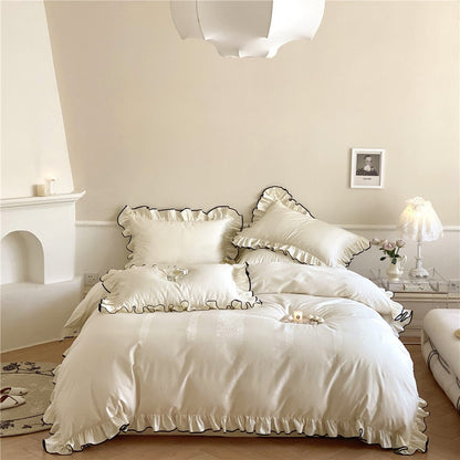 Chantelle Ruffle Jacquard Satin Bedding Set - Ivory Damask