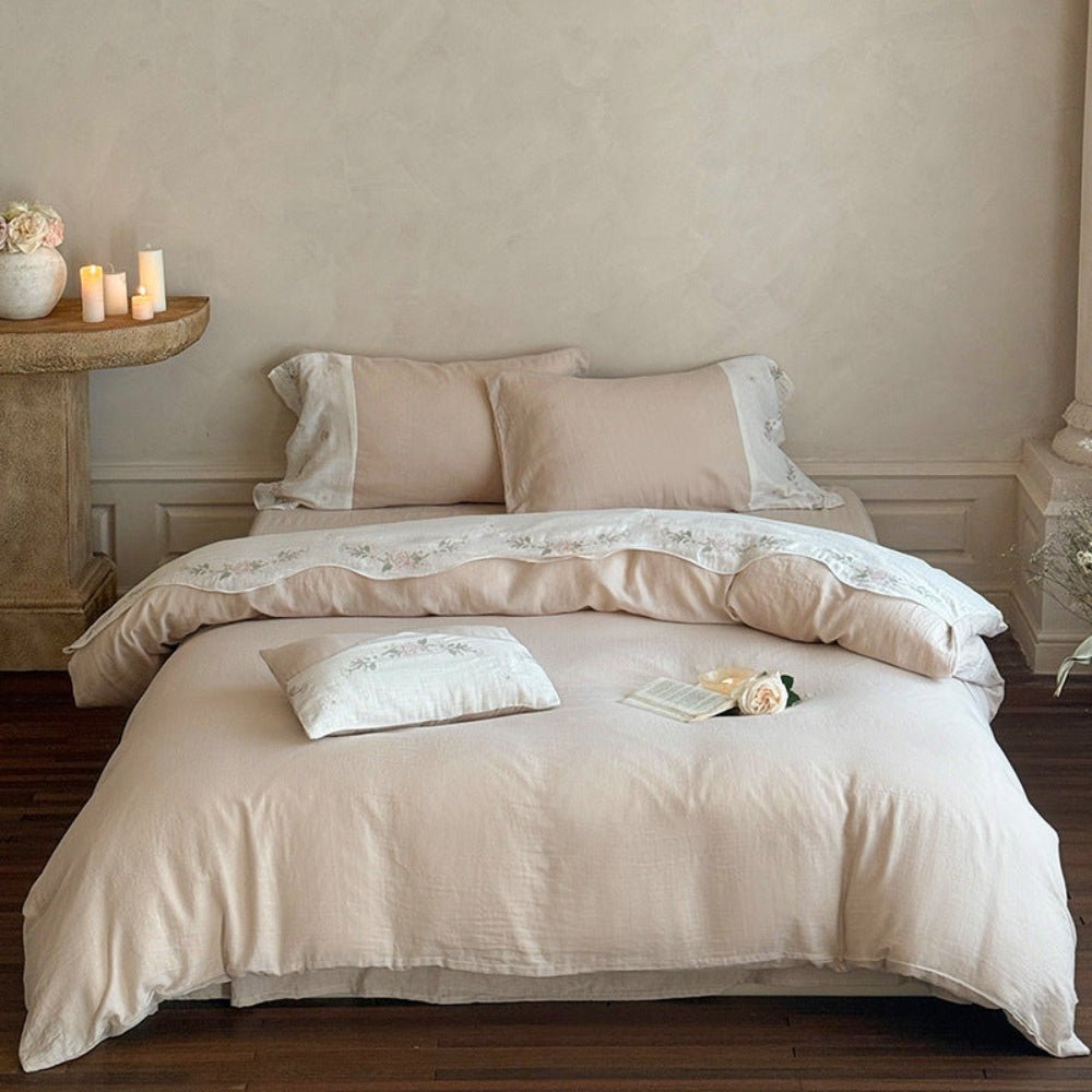Marigold Embroidered Double Gauze Bedding Set - Vanilla Cream