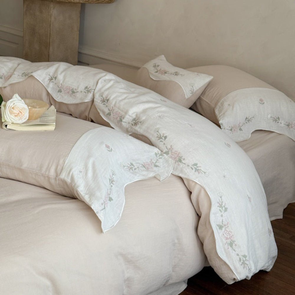 Marigold Embroidered Double Gauze Bedding Set - Vanilla Cream