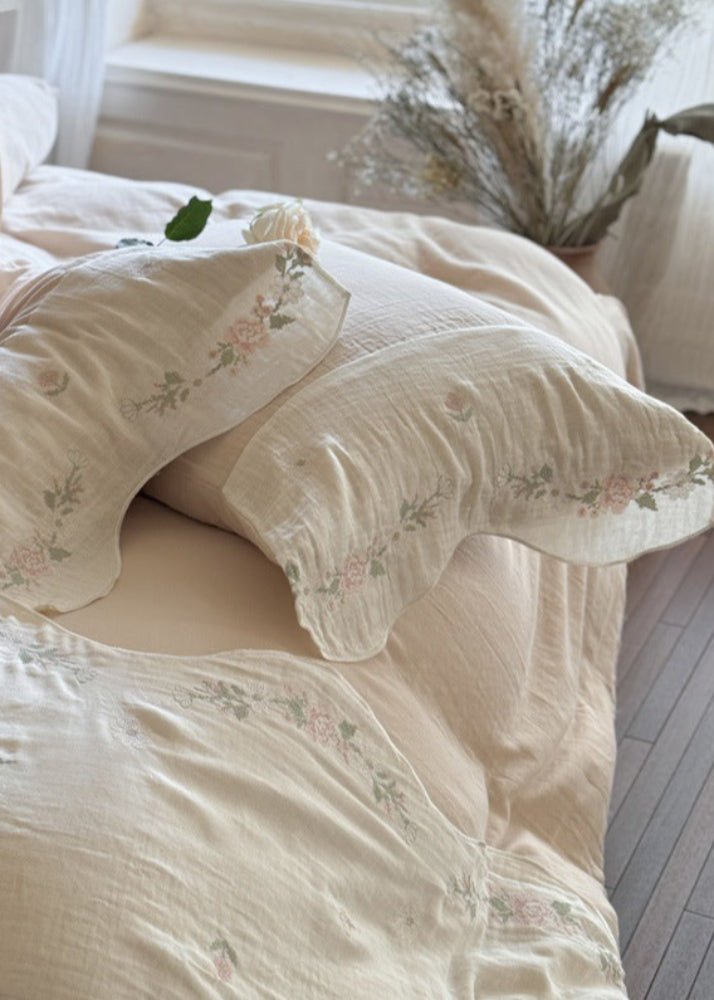 Marigold Embroidered Double Gauze Bedding Set - Vanilla Cream
