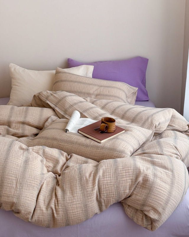 Corbin Striped Washed Cotton Bedding Set - Oat Lilac