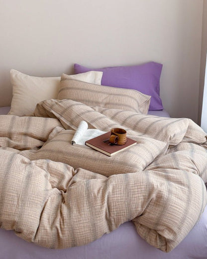 Corbin Striped Washed Cotton Bedding Set - Oat Lilac