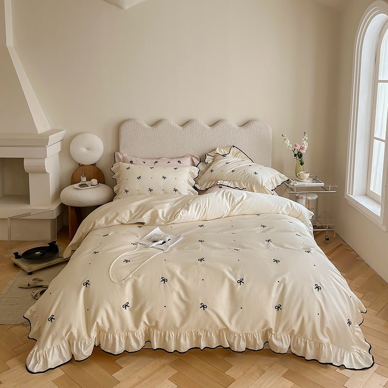Perrine Ribbon-Embroidered Cotton Bedding Set - Ivory Ribbon