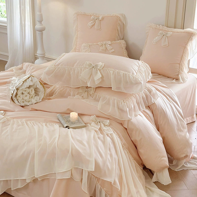 Pure Cotton Ribbon Bow Lace Ruffle Bedding Set - Pink