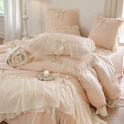 Pure Cotton Ribbon Bow Lace Ruffle Bedding Set - Pink