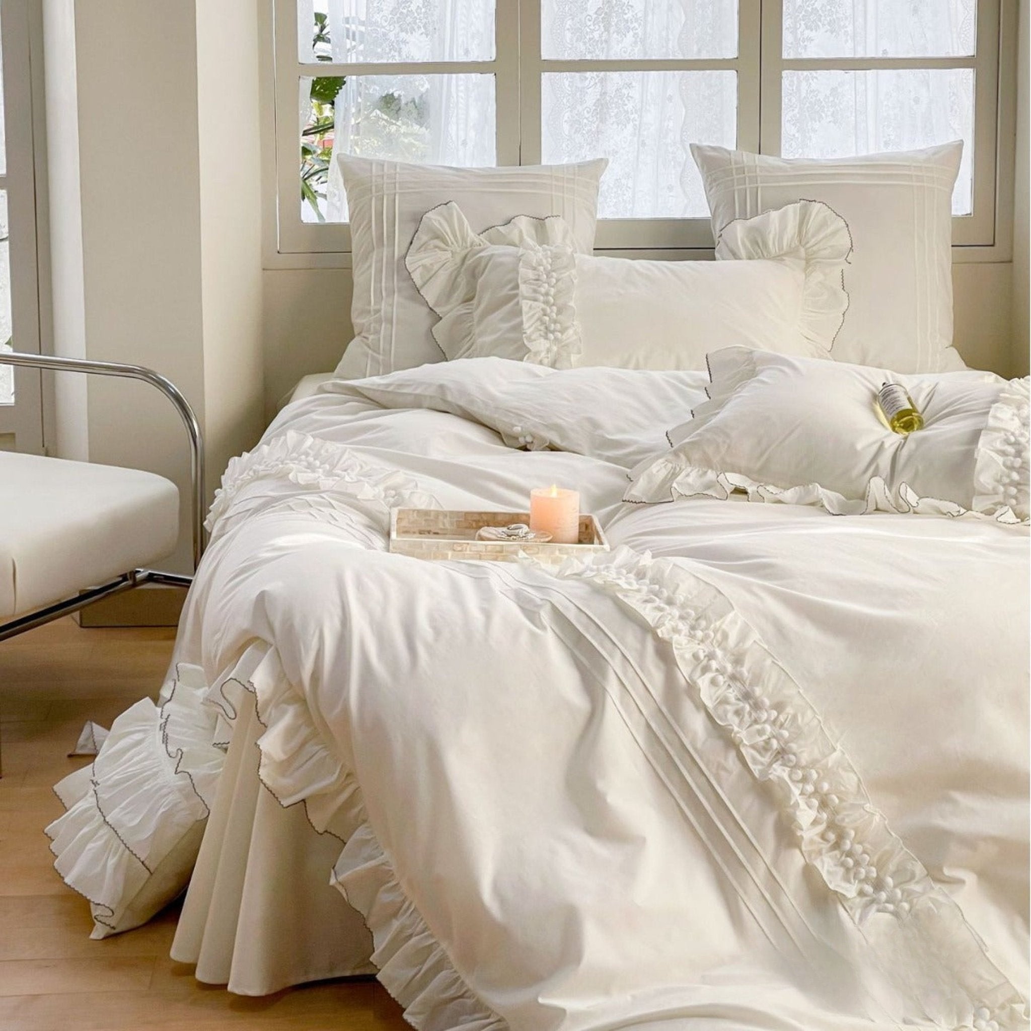 Fauvette Lace-Trim Washed Cotton Bedding Set - Ivory Cream