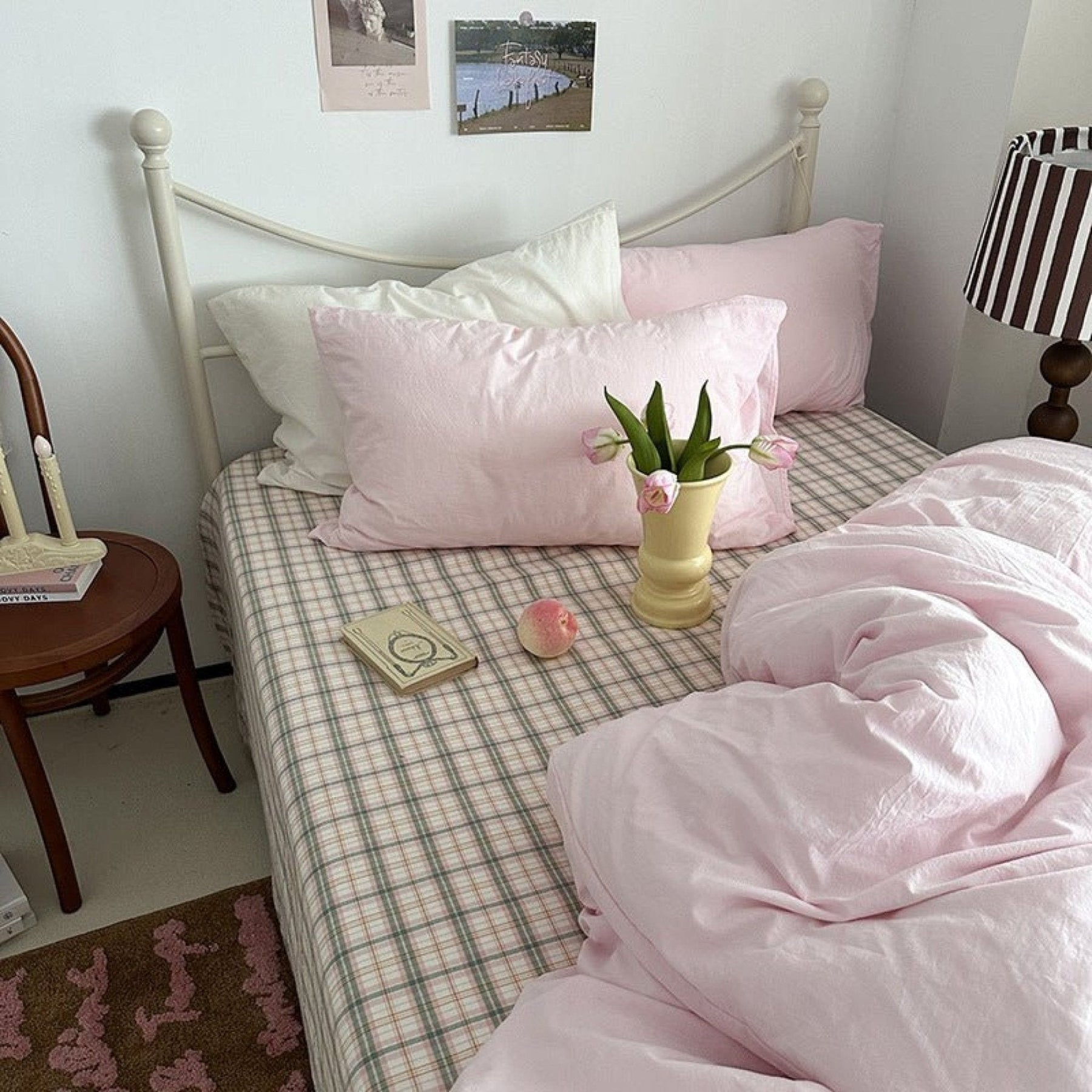 Petal Pink Plaid Cotton Bedding Set - Petal Pink