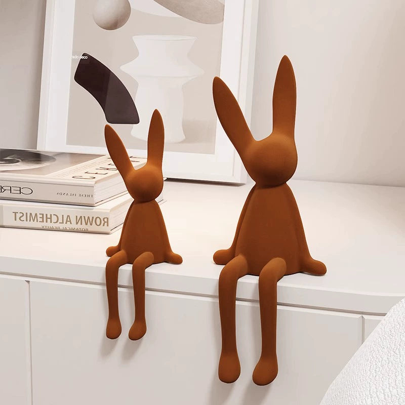 Cute Flocked Resin Long-Eared Rabbit Shelf Figurine