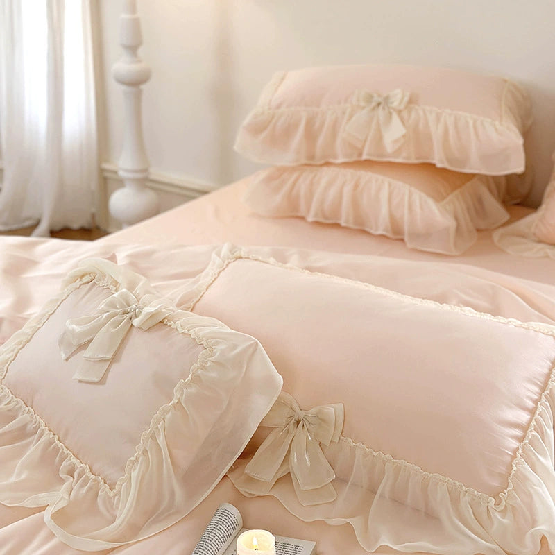 Pure Cotton Ribbon Bow Lace Ruffle Bedding Set - Pink