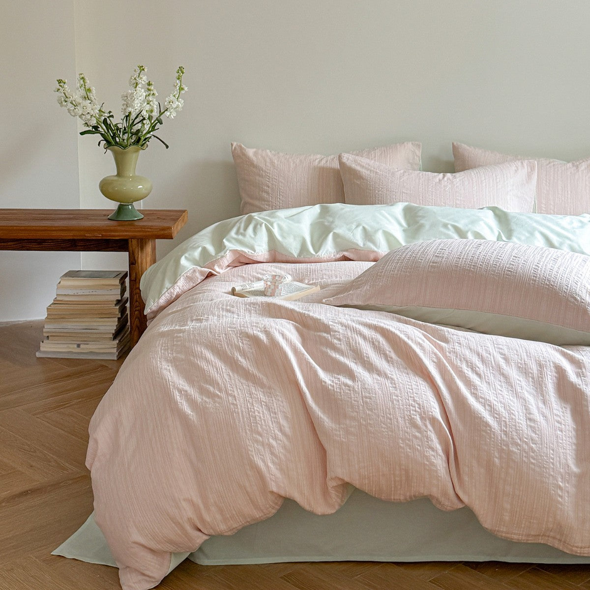 Maribel Striped Washed Cotton Bedding Set - Petal Blush