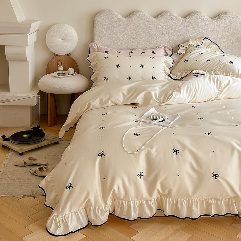Perrine Ribbon-Embroidered Cotton Bedding Set - Ivory Ribbon