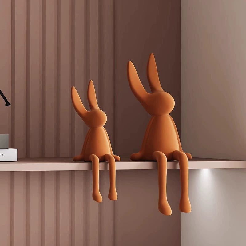 Cute Flocked Resin Long-Eared Rabbit Shelf Figurine