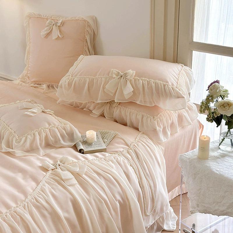 Pure Cotton Ribbon Bow Lace Ruffle Bedding Set - Pink