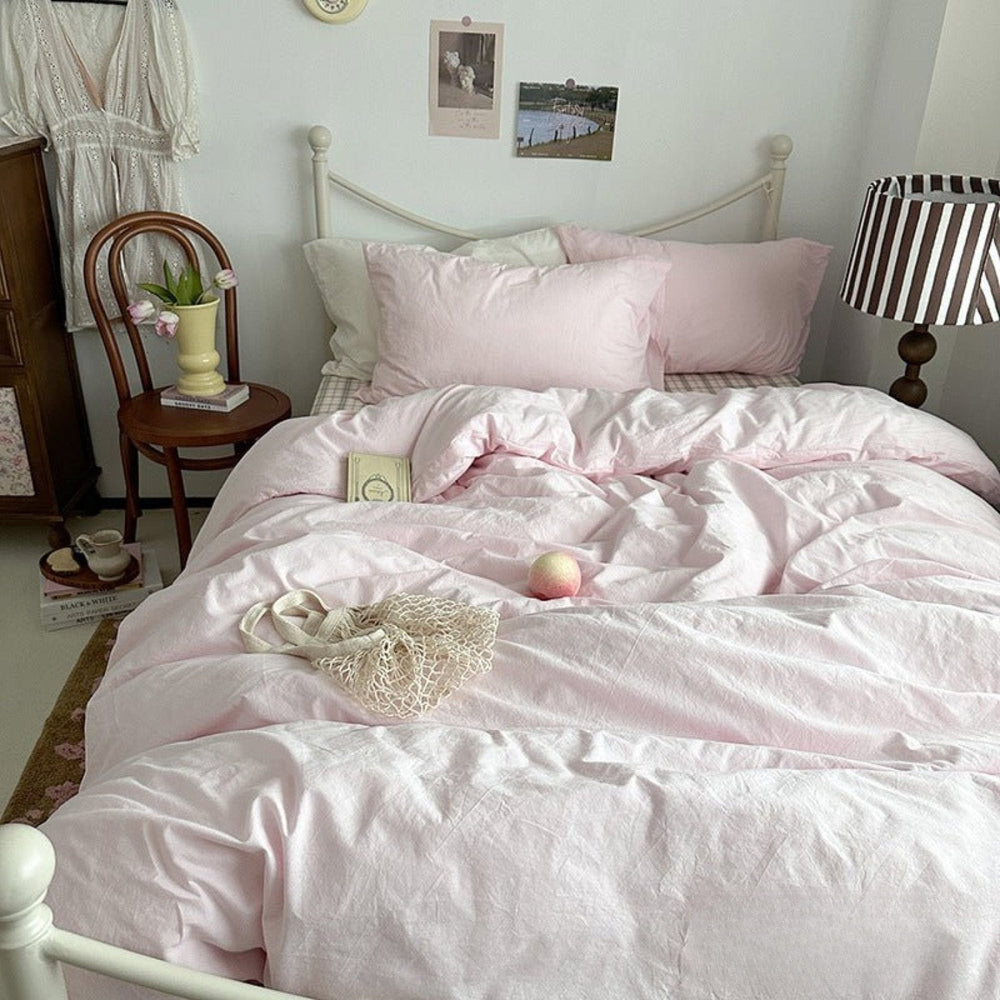 Petal Pink Plaid Cotton Bedding Set - Petal Pink