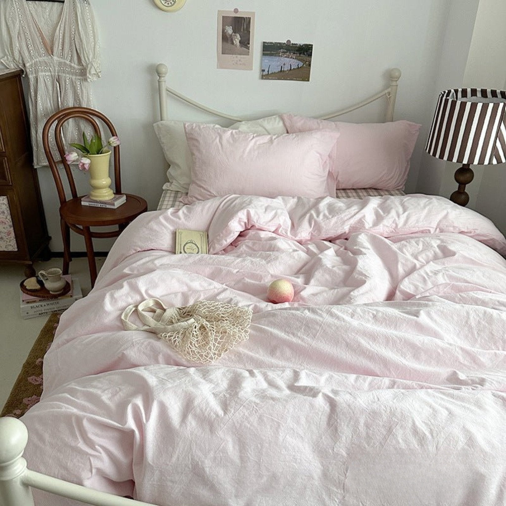 Petal Pink Plaid Cotton Bedding Set - Petal Pink
