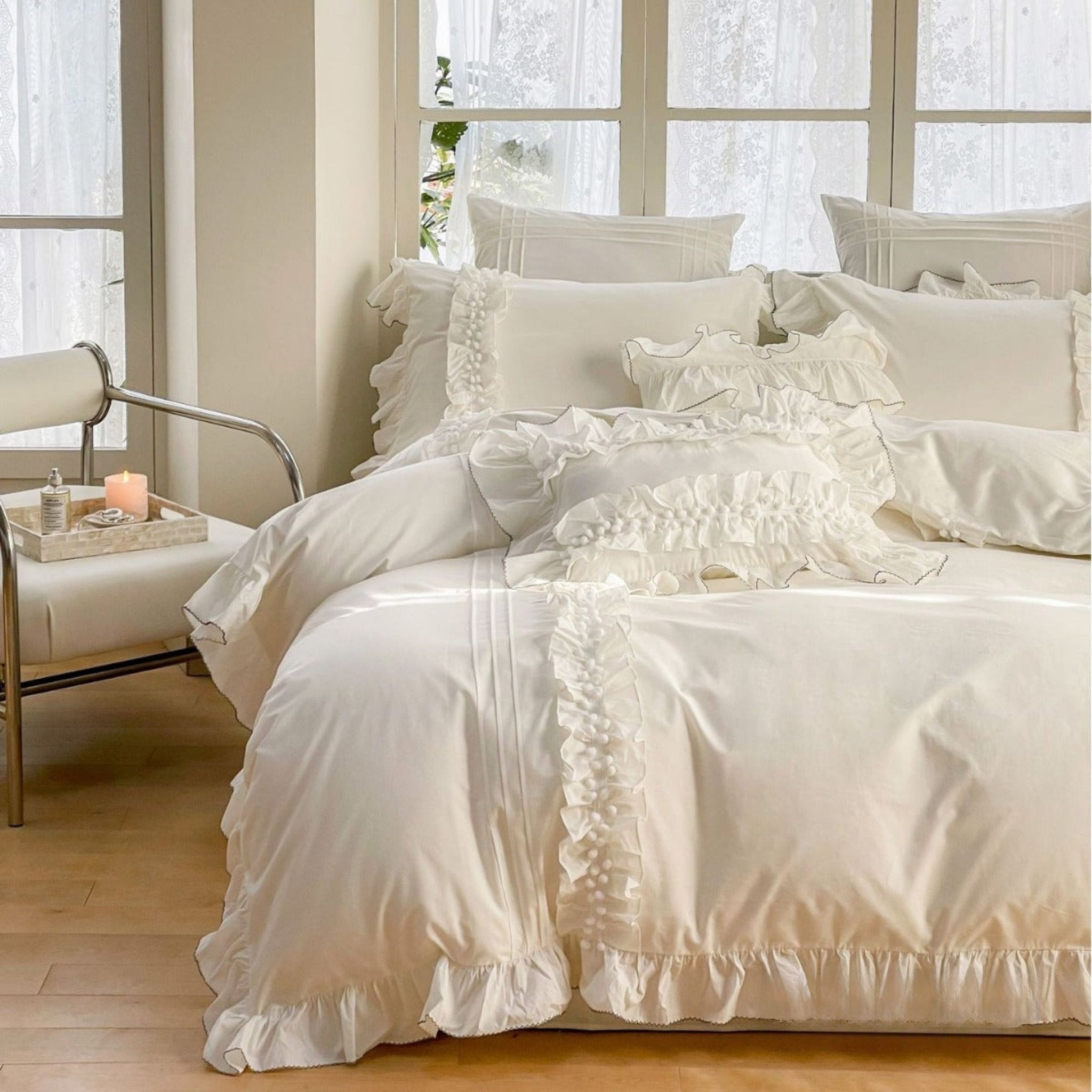 Fauvette Lace-Trim Washed Cotton Bedding Set - Ivory Cream