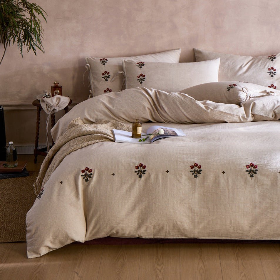 Verbena Embroidered Floral Cotton Bedding Set - Wheat Cream
